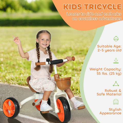 Aiyaplay kids trike orange and white toddler tricycle with brown front basket and eva wheels for ages 2-5 years