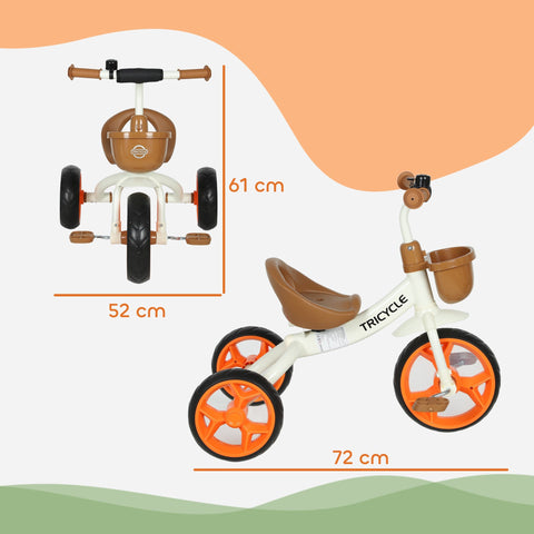 Cream-colored AIYAPLAY kids trike with brown seat and basket orange EVA wheels and black handlebars for toddlers 2-5 years