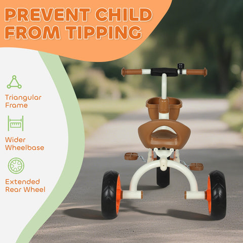 Brown and white aiyaplay kids trike toddler tricycle with front basket and orange eva wheels for indoor outdoor use