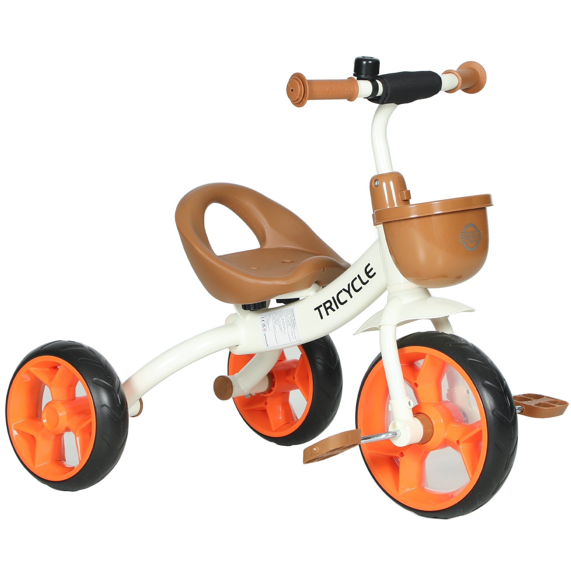 White and orange AIYAPLAY kids trike toddler tricycle with brown seat handlebars basket and EVA wheels for ages 2-5