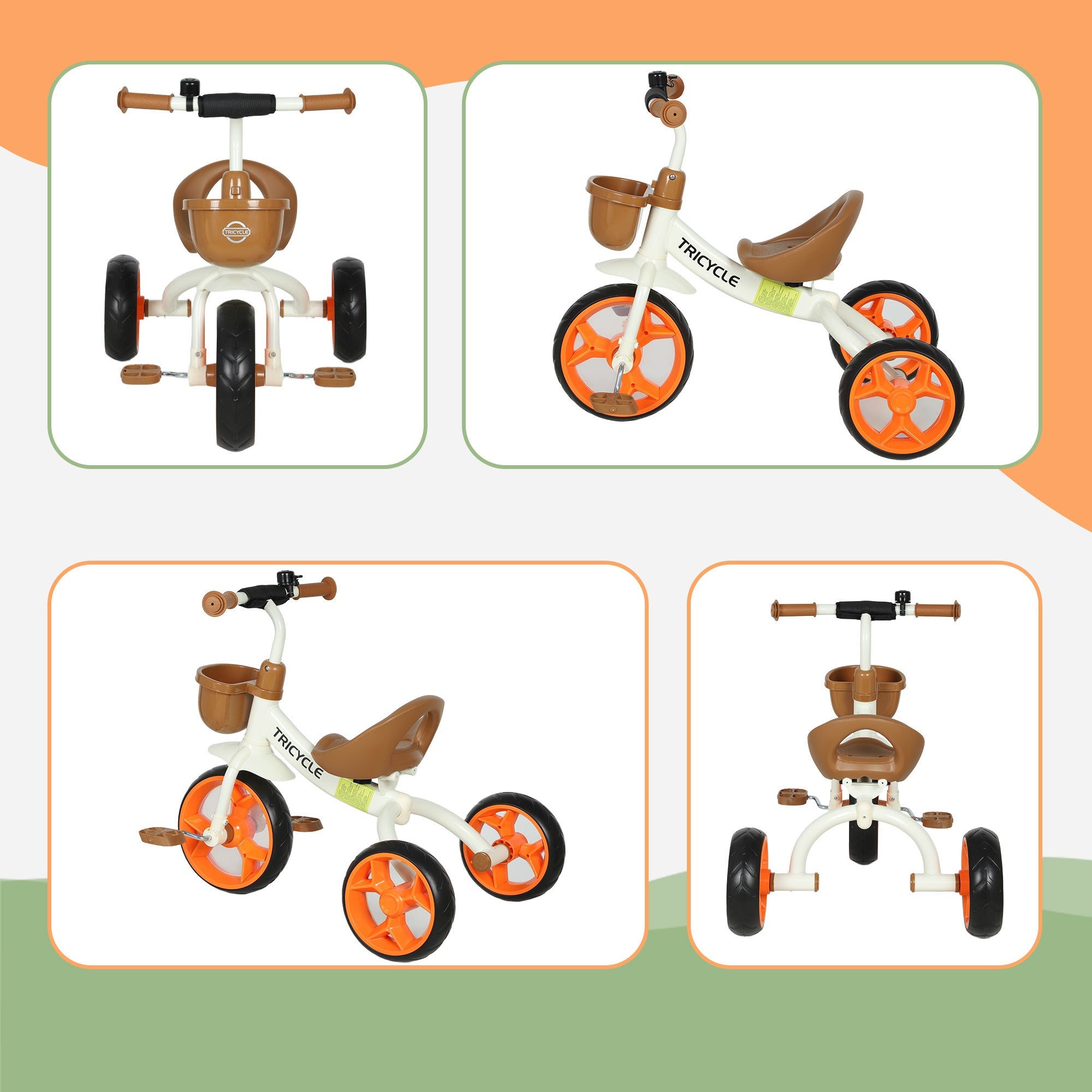 Aiyaplay kids trike toddler tricycle with front basket white and orange with brown seat and eva wheels for ages 2 to 5 years