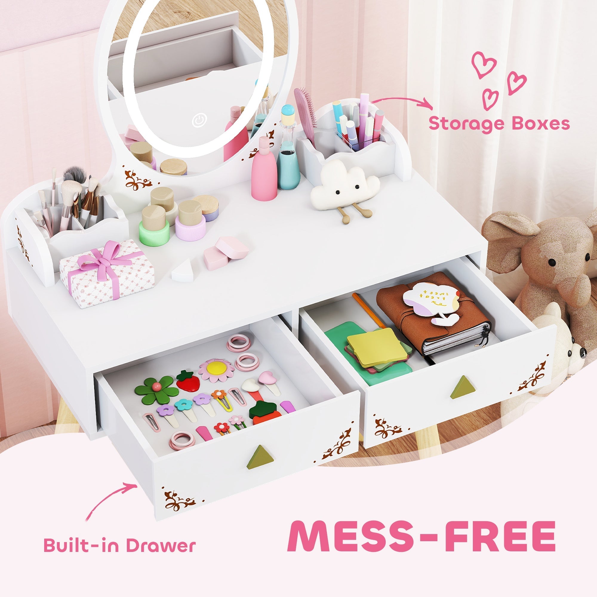 White kids dressing table with two large drawers and 3-colour led lights mirror from aiyaplay set