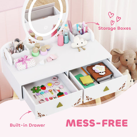 White kids dressing table with two large drawers and 3-colour led lights mirror from aiyaplay set