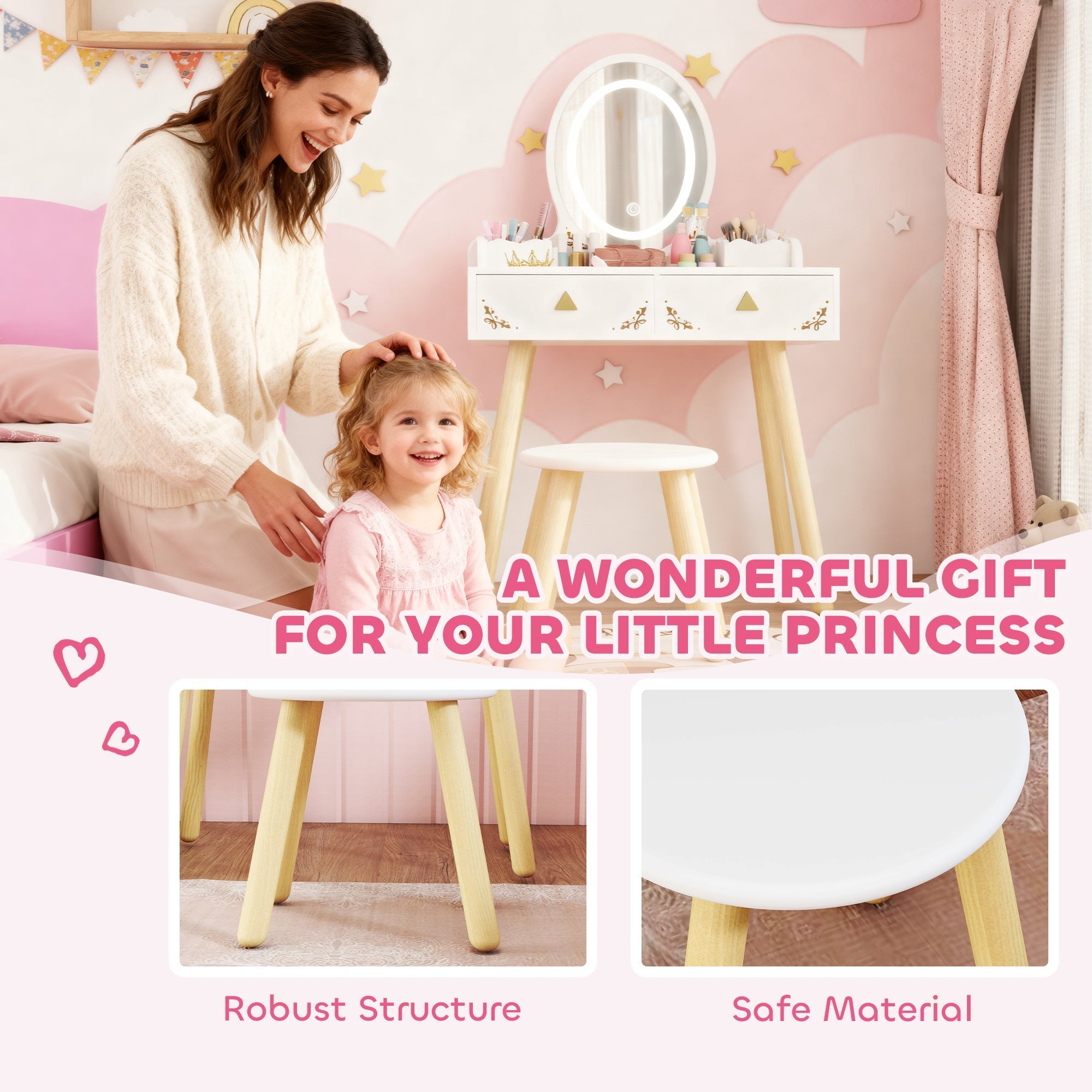 Aiyaplay kids dressing table in white with round tabletop light wood legs gold star accents and two large drawers
