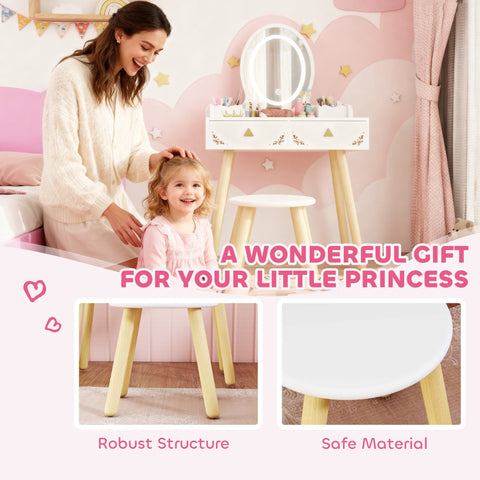 Aiyaplay kids dressing table in white with round tabletop light wood legs gold star accents and two large drawers