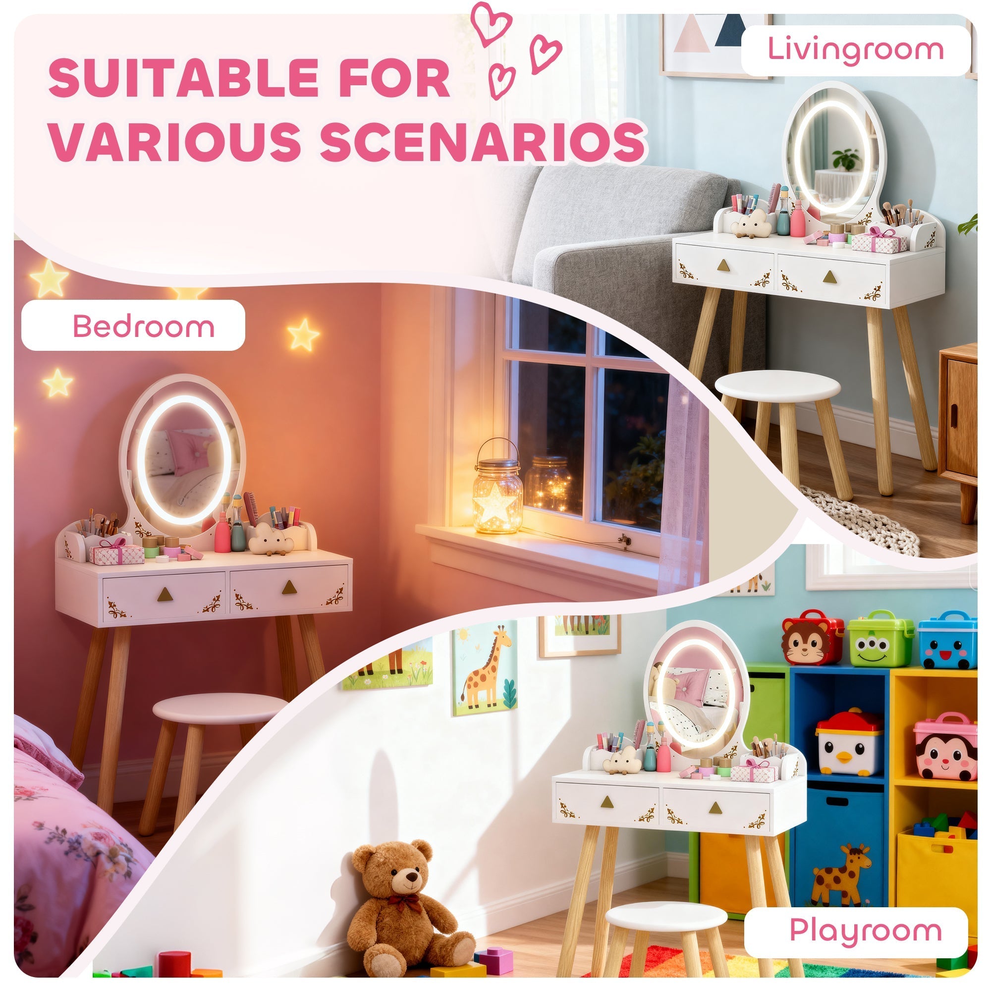 White aiyaplay kids dressing table with round 3-color led mirror and two large floral trim drawers for storage