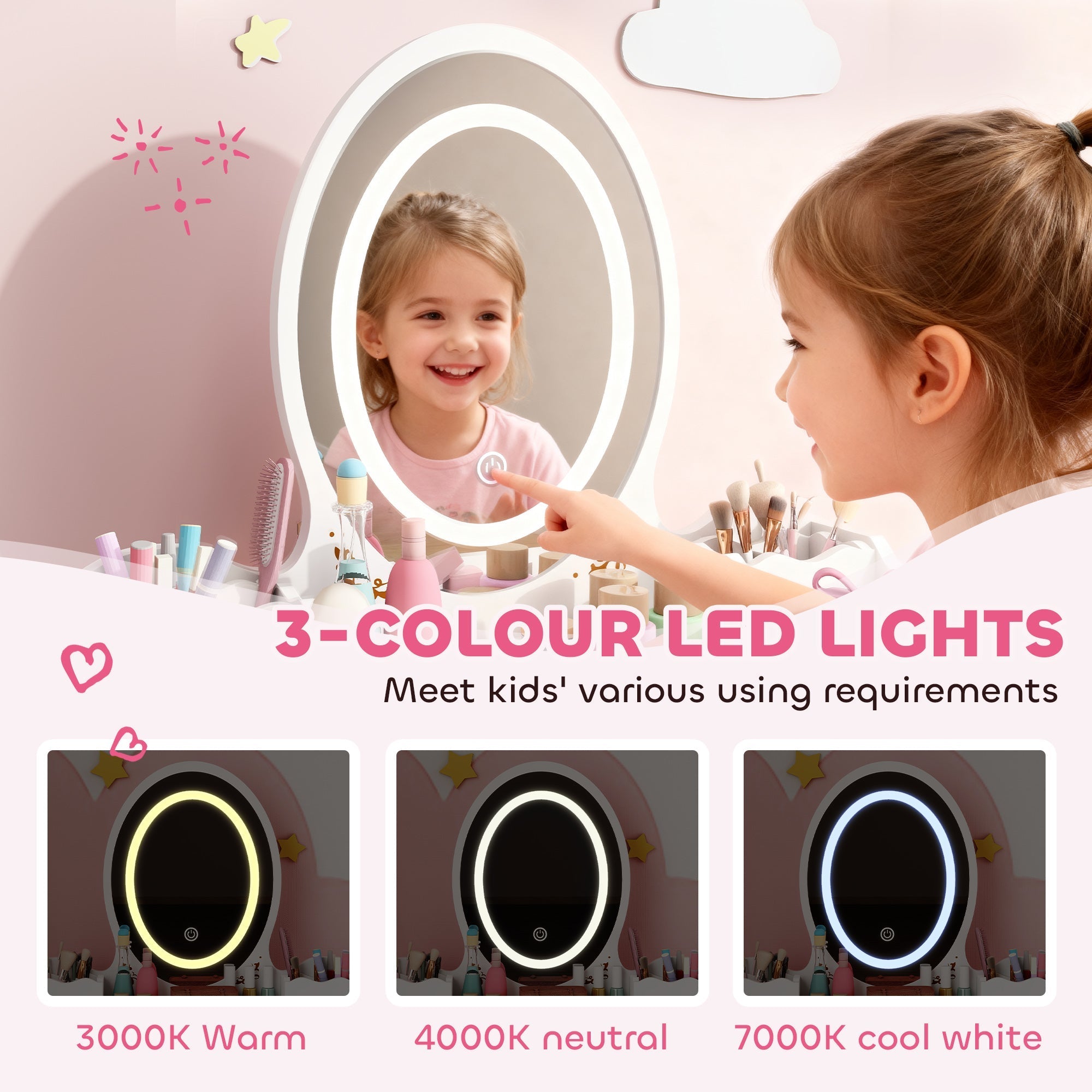 White aiyaplay kids dressing table with round led vanity mirror featuring adjustable 3-color lights and two large drawers