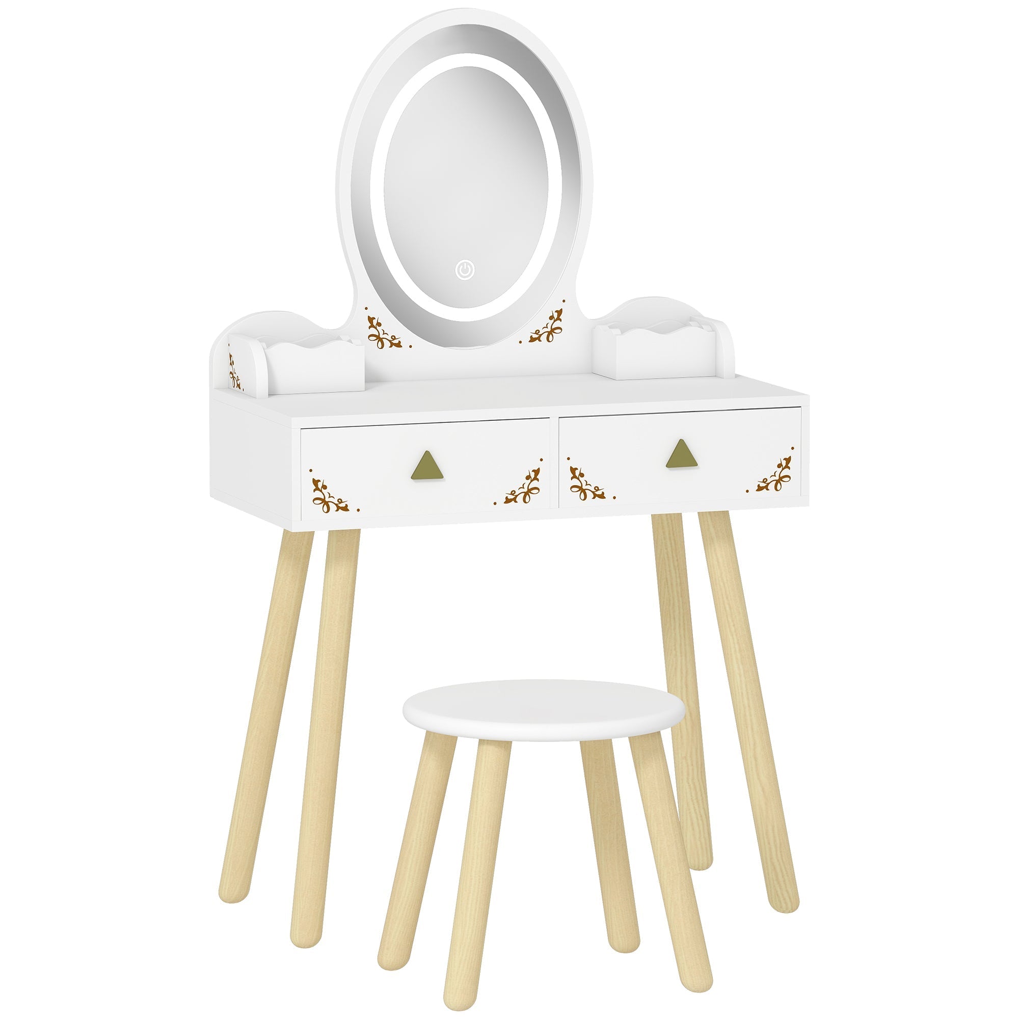 White kids dressing table with two large drawers led mirror gold accents light wood legs and matching stool