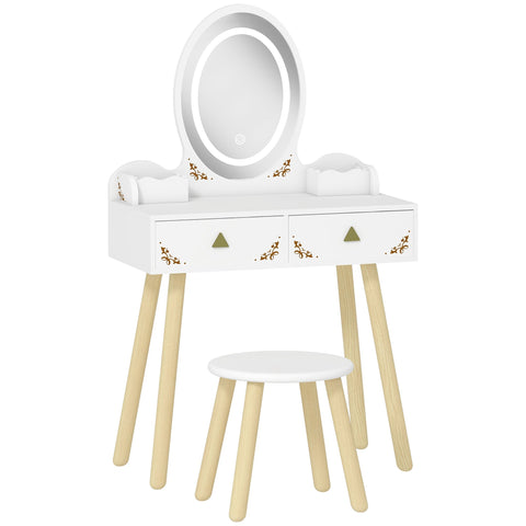 White kids dressing table with two large drawers led mirror gold accents light wood legs and matching stool