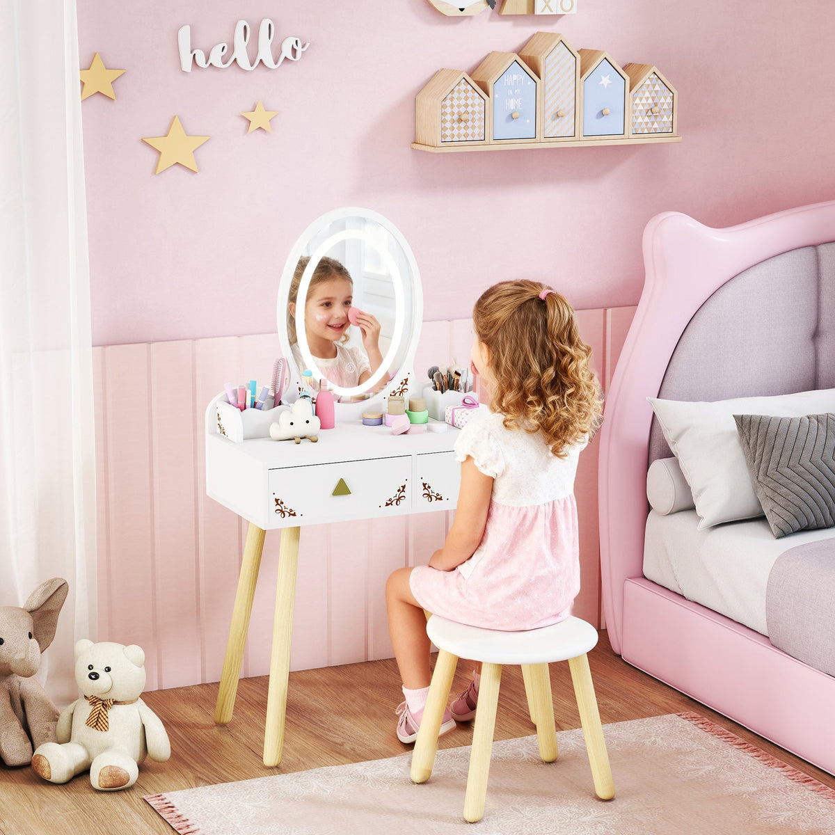 White kids dressing table with light wood legs, round 3-color led mirror, and two large drawers for storage