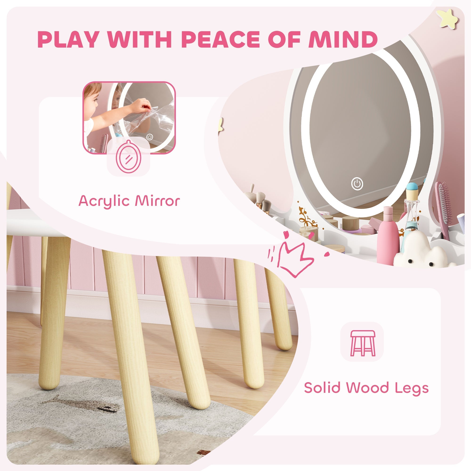 A round illuminated acrylic mirror with white frame and soft led lights on the aiyaplay kids dressing table with two large drawers