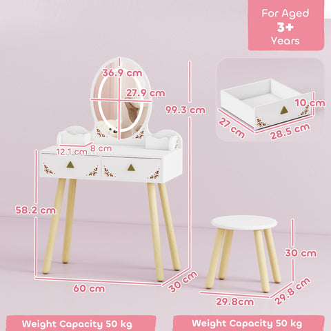 White wooden kids dressing table with round mirror, two large gold-trimmed drawers, and matching stool by aiyaplay