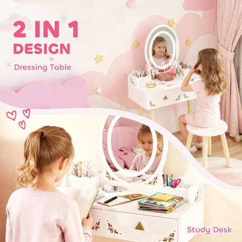 White kids dressing table with round LED mirror, gold accents, two large drawers, and storage for 3 plus years