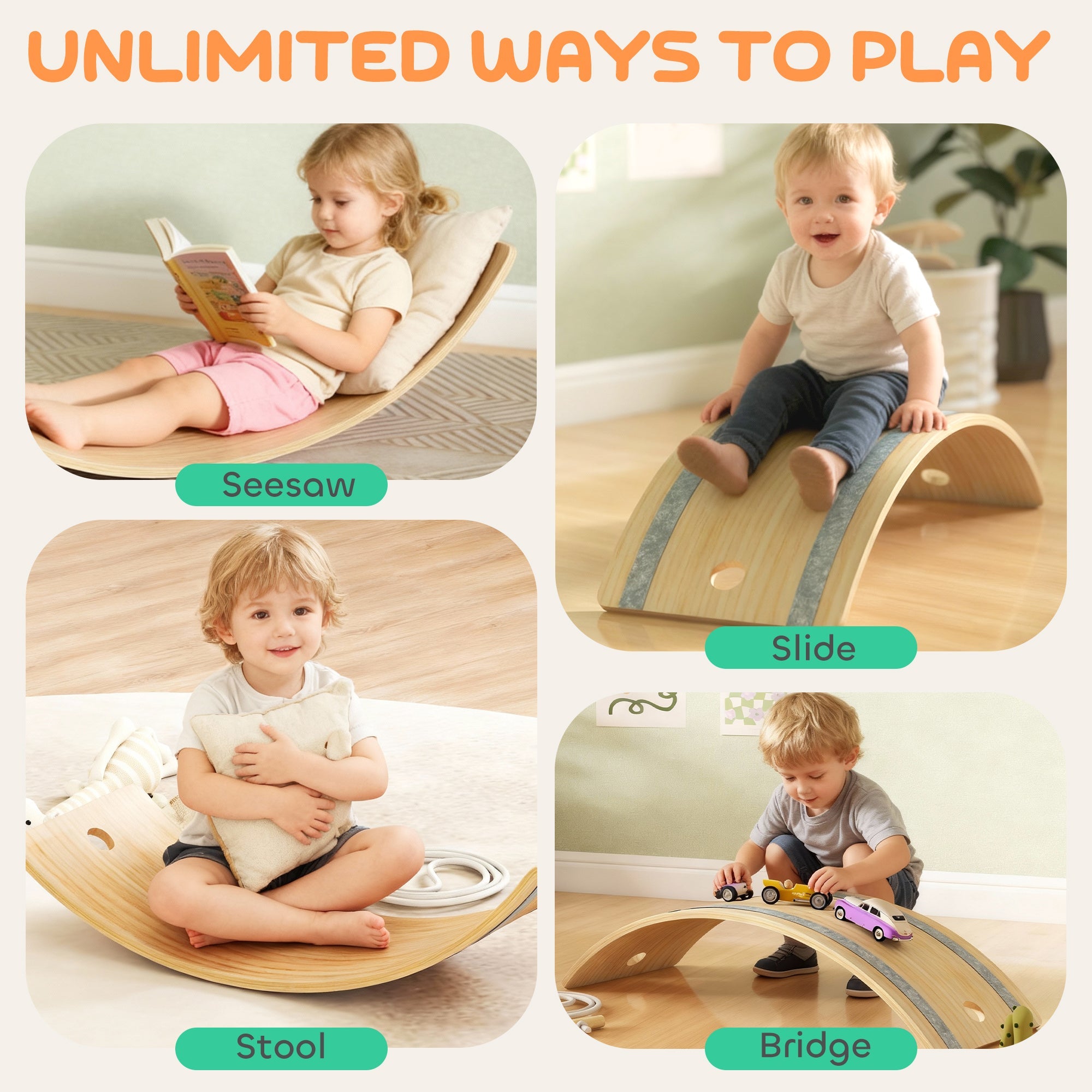 Light-colored wooden wobble board with blue-gray strips designed as a kids balance board for sensory play