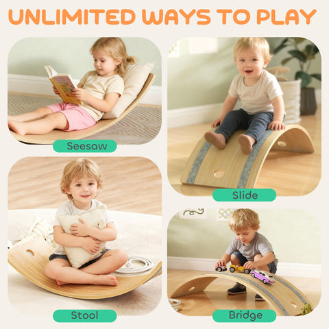 Light-colored wooden wobble board with blue-gray strips designed as a kids balance board for sensory play