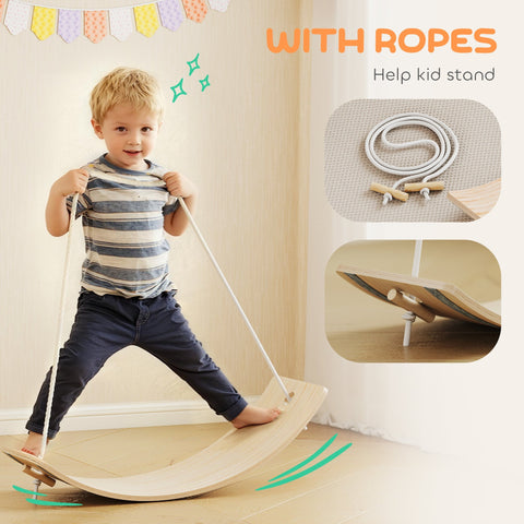 Light-colored wooden kids balance board with attached ropes for standing support and sensory play ages 3 to 6 years