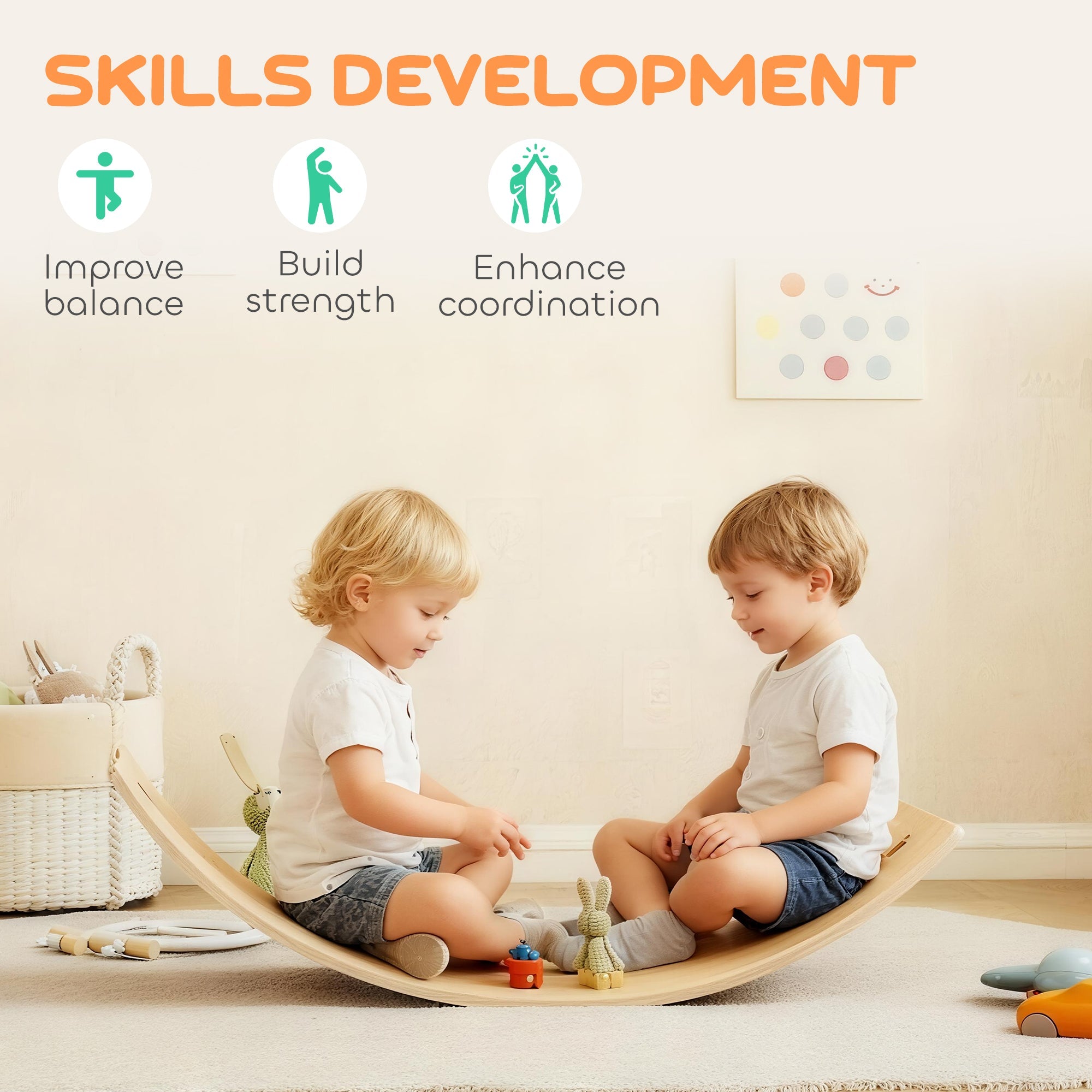 Light-colored wooden kids balance board with rope and felt for sensory play by AIYAPLAY for toddlers 3-6 years old