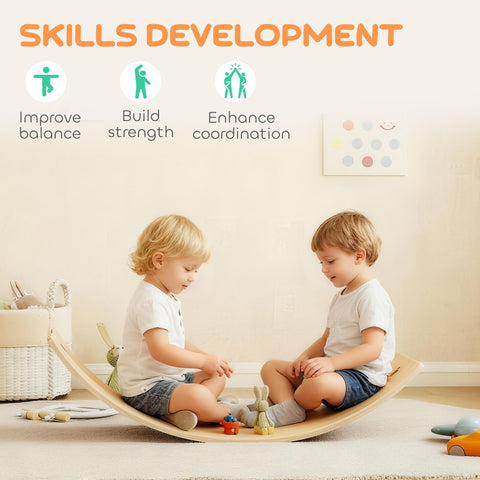 Light-colored wooden kids balance board with rope and felt for sensory play by AIYAPLAY for toddlers 3-6 years old