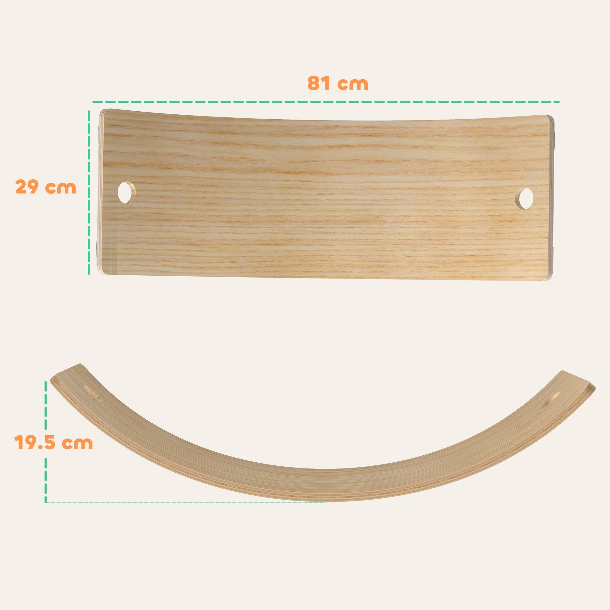 Light-colored wooden wobble board with curved arch and rectangular base kids balance board for sensory play