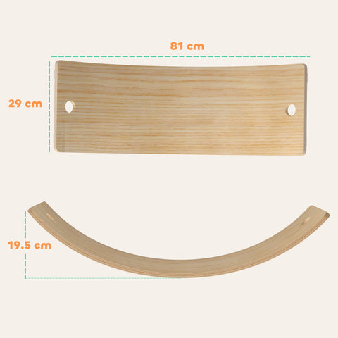 Light-colored wooden wobble board with curved arch and rectangular base kids balance board for sensory play