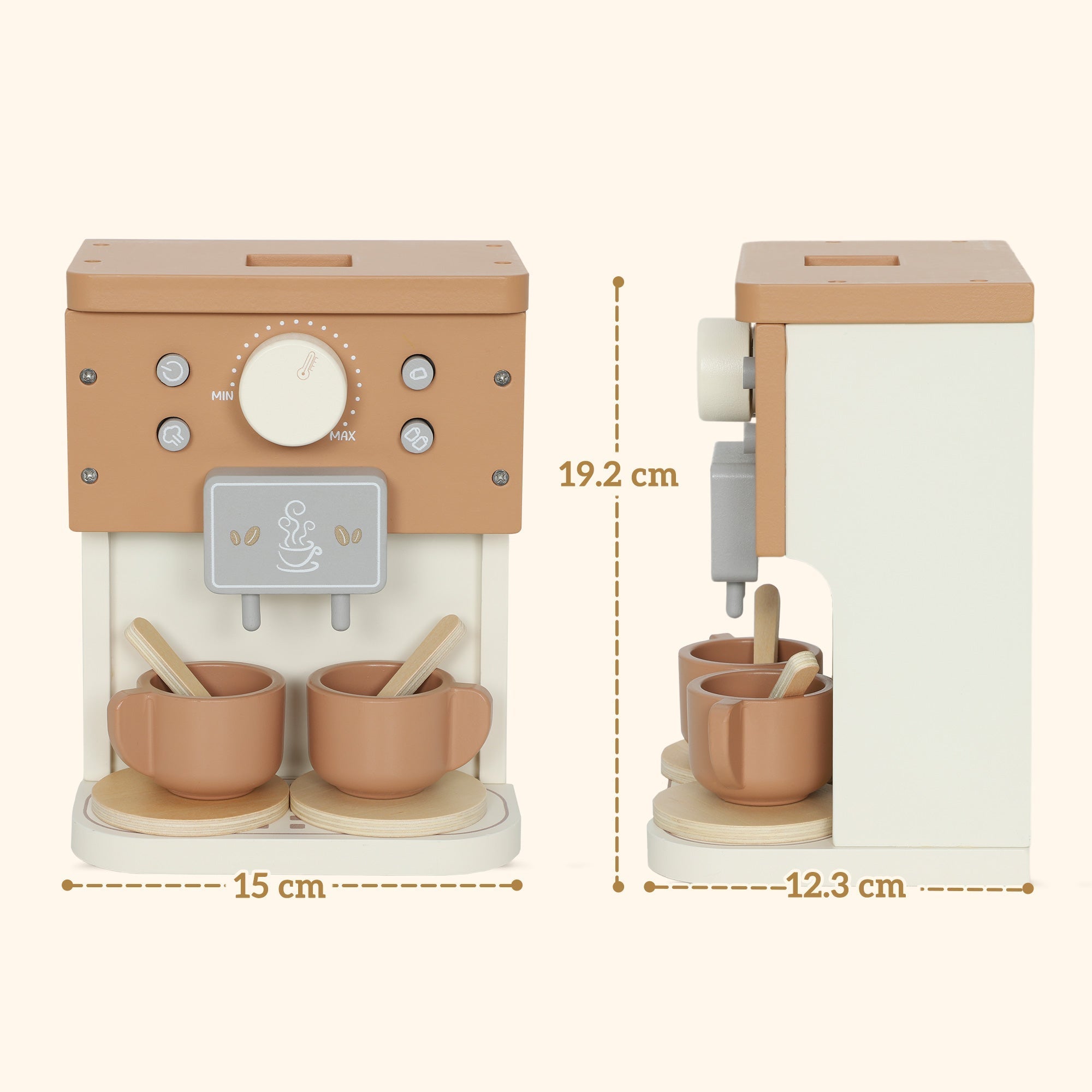Caramel wooden coffee machine toy with two cups and spoons perfect for ai yaplay pretend play kitchen fun