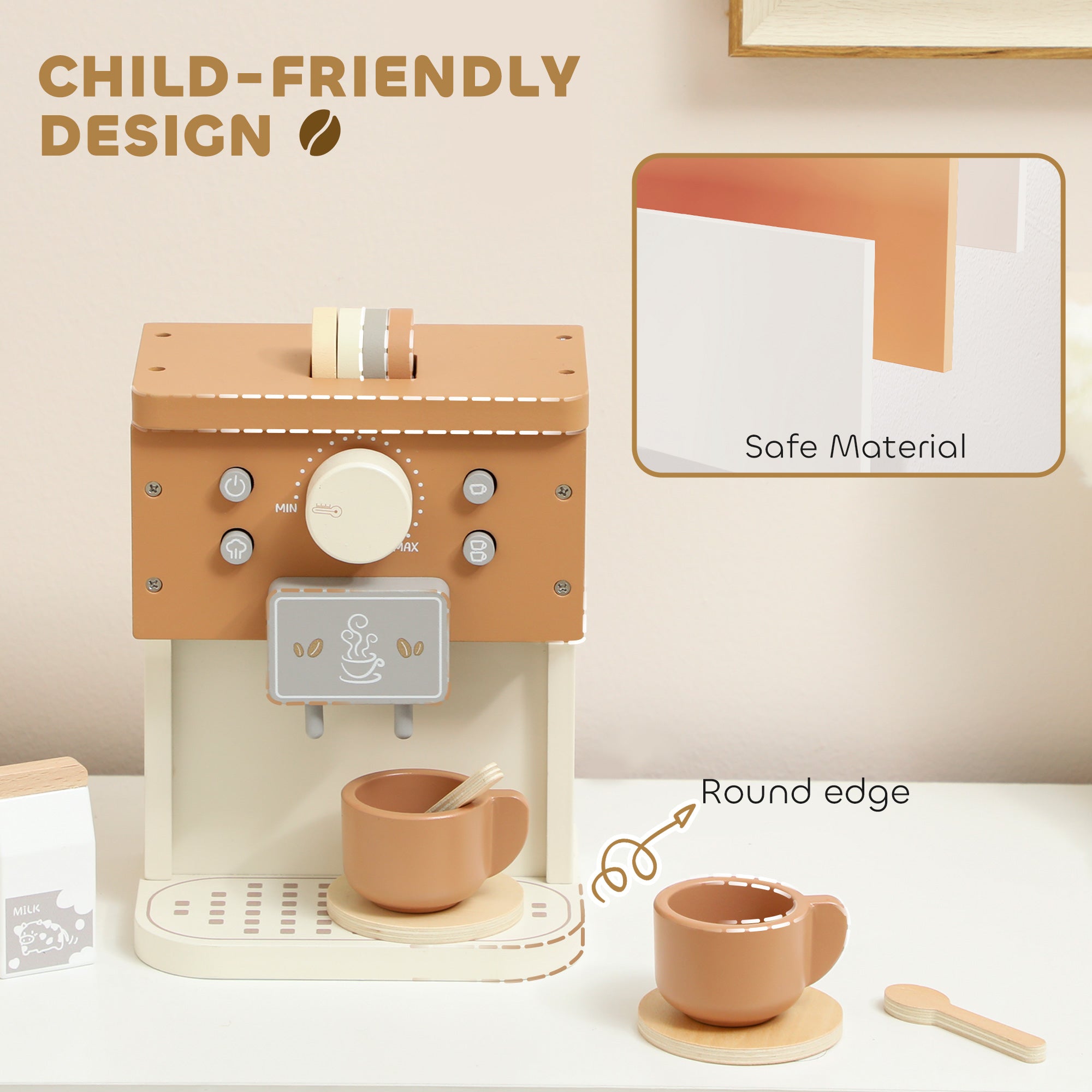 Aiyaplay kids wooden coffee machine toy in tan with beige base and cups for pretend play kitchen fun ages 3+
