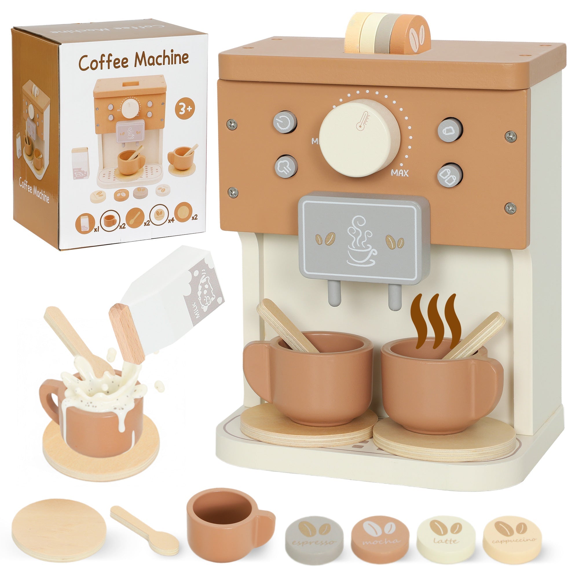 Tan wooden coffee machine with beige accents and matching cups aiya play pretend play kitchen toy for kids 3+