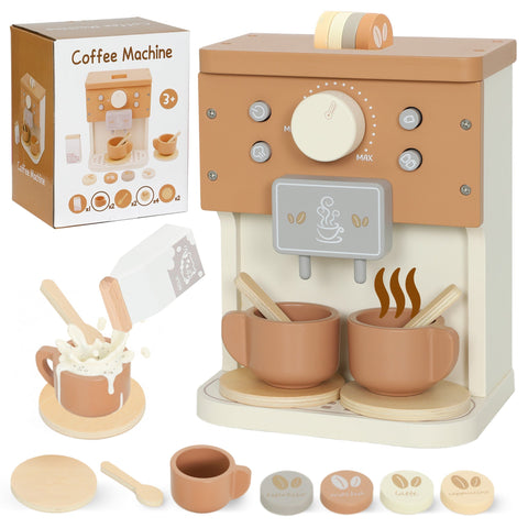 Tan wooden coffee machine with beige accents and matching cups aiya play pretend play kitchen toy for kids 3+