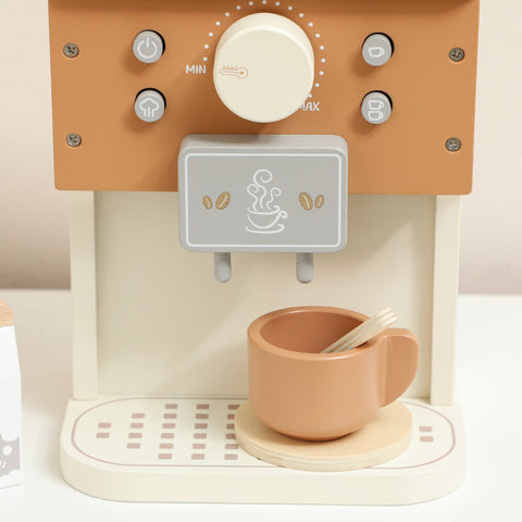Caramel wooden coffee machine toy with gray coffee icon panel and matching cup for pretend play kitchen fun
