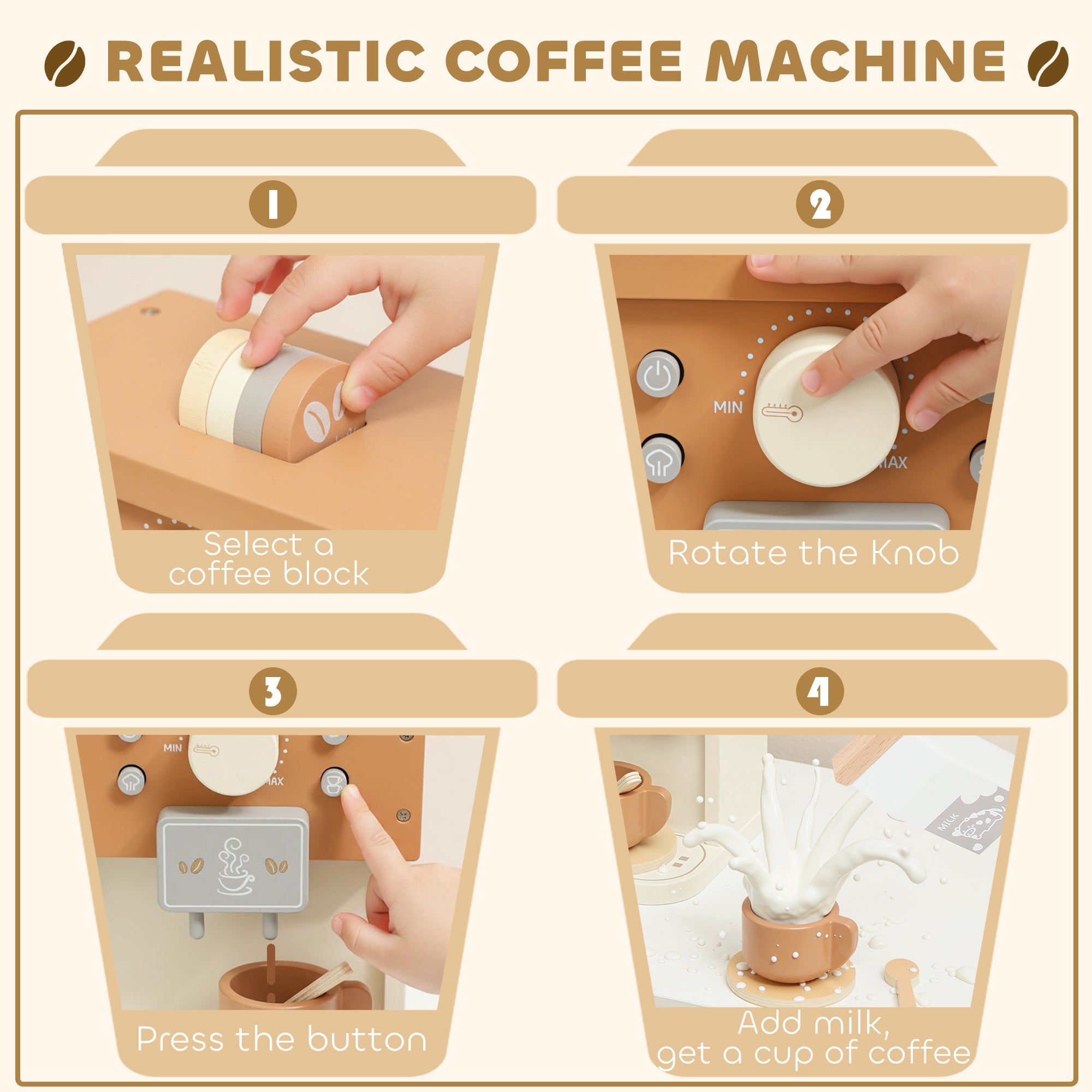 Aiyaplay wooden coffee machine toy with tan body white knobs and metallic accents for pretend play kitchen fun