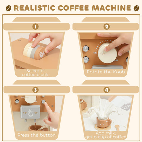 Aiyaplay wooden coffee machine toy with tan body white knobs and metallic accents for pretend play kitchen fun