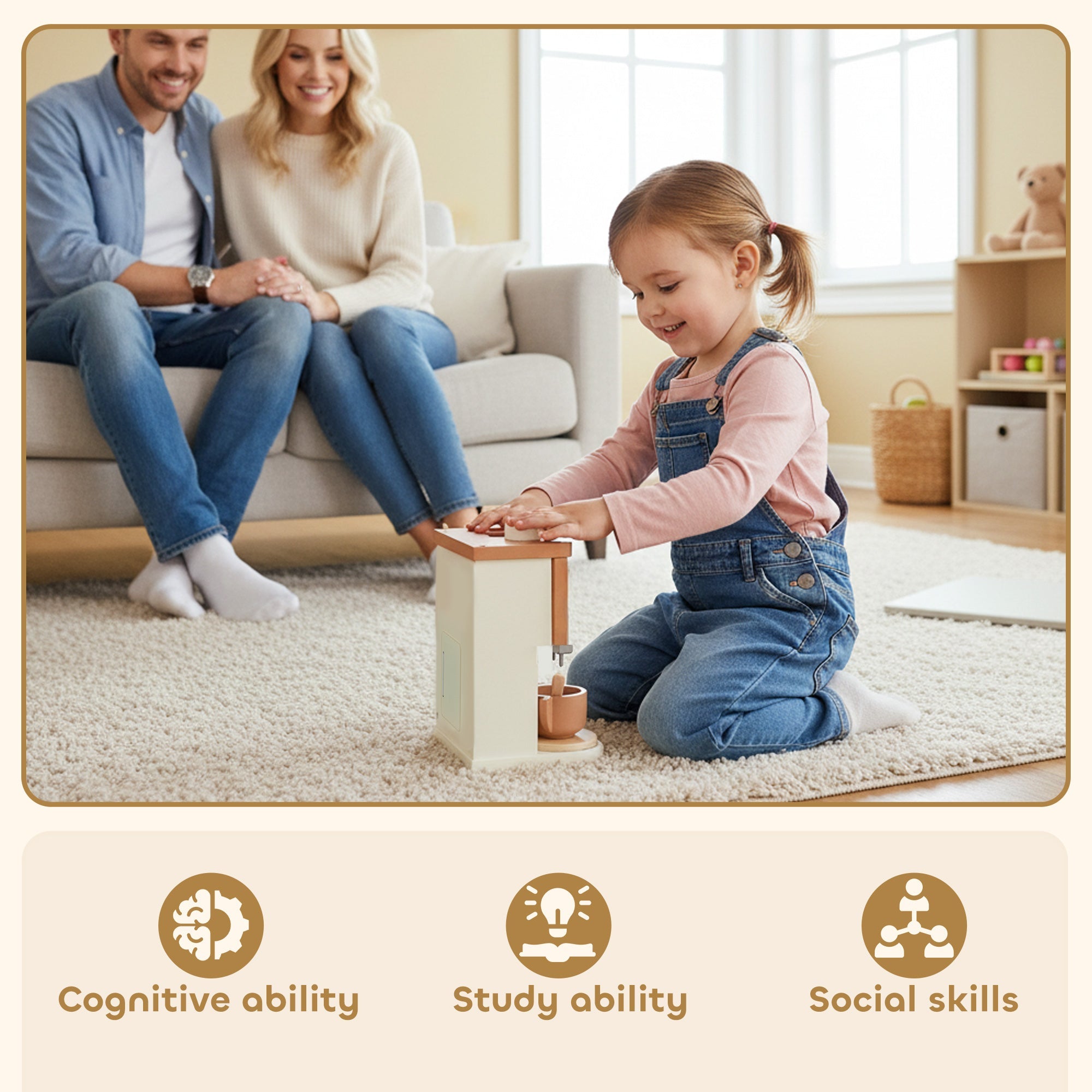 Wooden coffee machine toy by aiyaplay with light wood body and copper-toned cup for pretend play kitchen fun