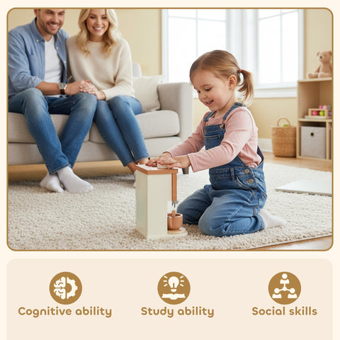 Wooden coffee machine toy by aiyaplay with light wood body and copper-toned cup for pretend play kitchen fun