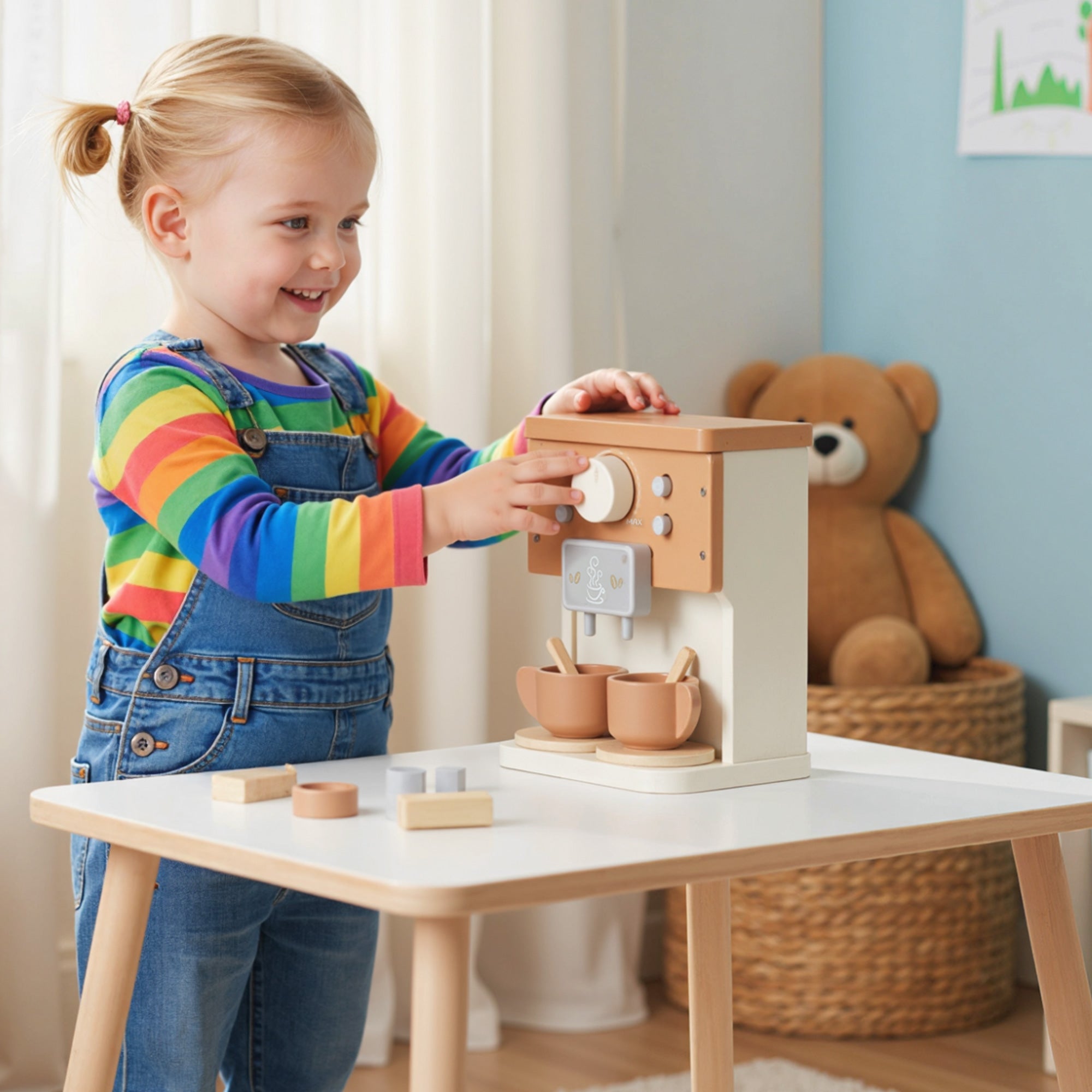 Aiyaplay kids wooden coffee machine toy with beige finish white control panel two cups and knobs for pretend play kitchen fun