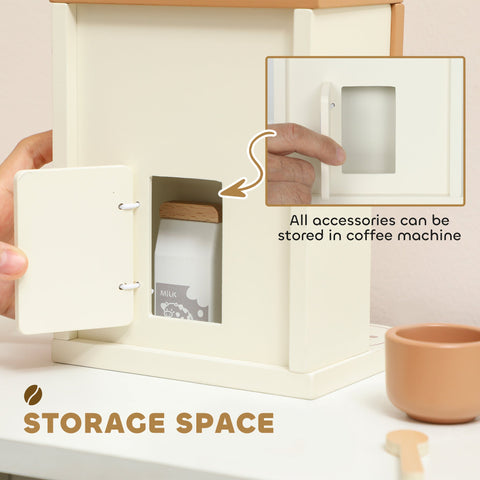 Cream-colored wooden coffee machine toy with small door and storage for accessories perfect for pretend play kitchen fun