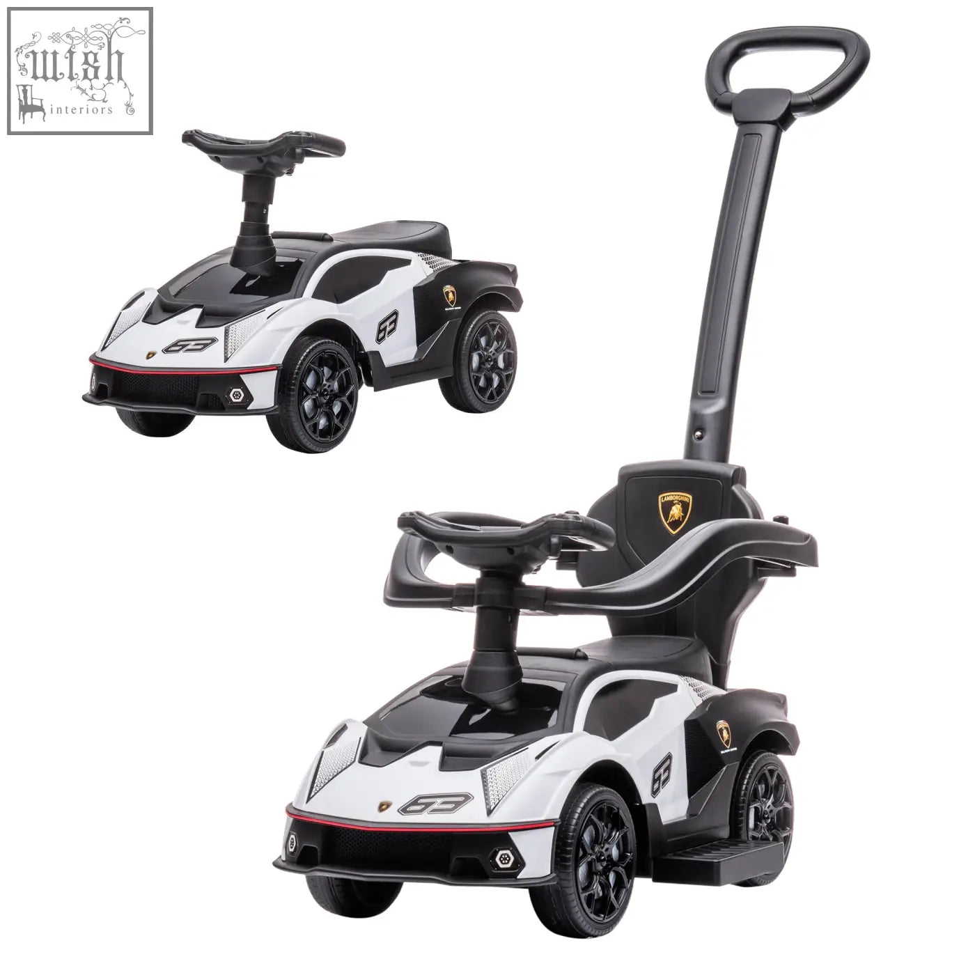 White and black aiyaplay licensed toddler ride on push car with steering wheel and parent handle no batteries required