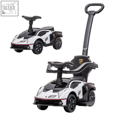 White and black aiyaplay licensed toddler ride on push car with steering wheel and parent handle no batteries required