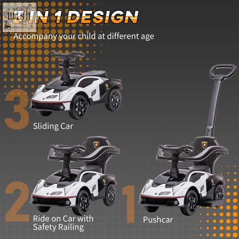 White and black aiyaplay licensed toddler ride on push car with steering wheel safety railing and no batteries required