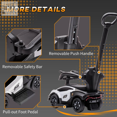 Black and white aiyaplay licensed baby ride on push car with steering wheel no batteries required for ages 1 to 3