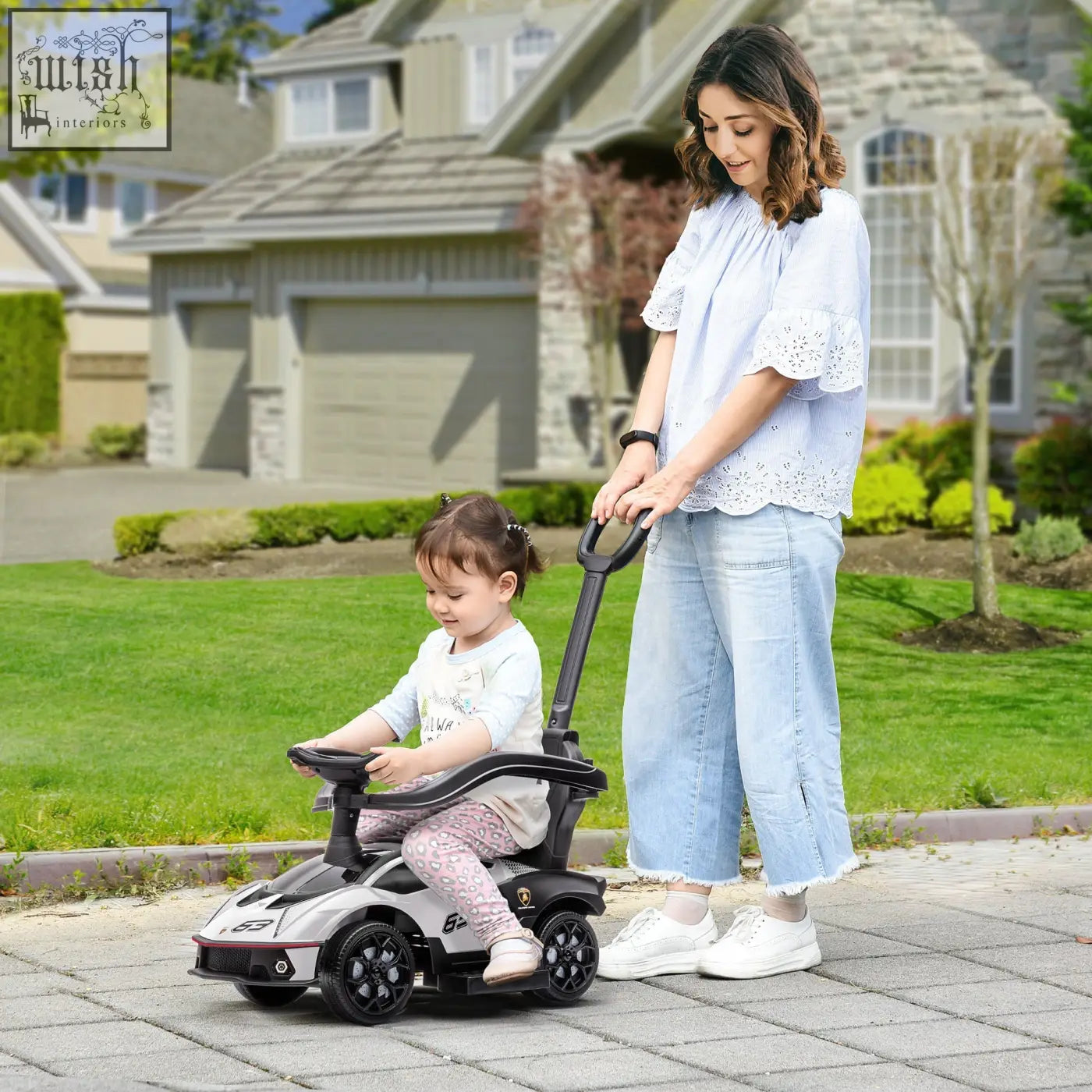 Black and silver aiyaplay licensed toddler ride on push car with steering wheel no batteries required for ages 1 to 3