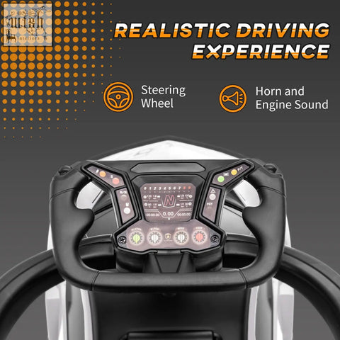 Black plastic steering wheel with illuminated dashboard and buttons on aiyaplay licensed toddler push car no batteries required