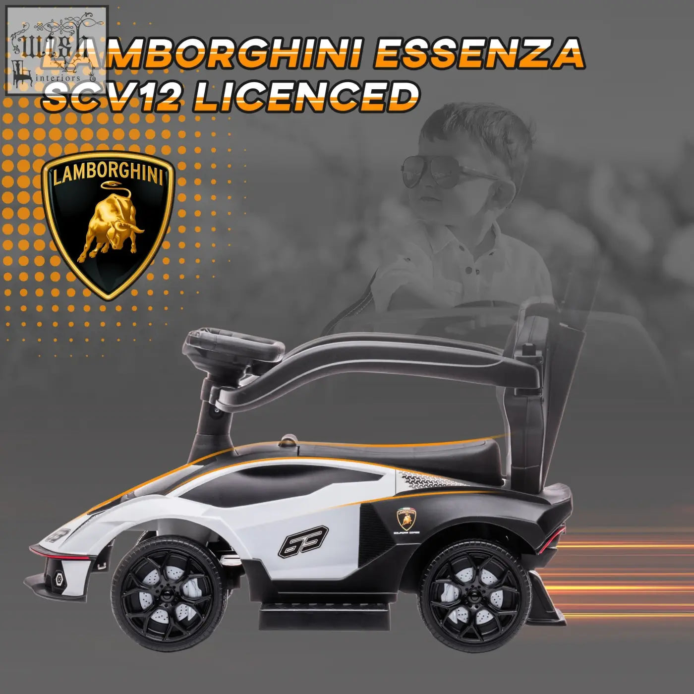 Black and white aiyaplay licensed lamborghini essenza scv12 kids ride on car with steering wheel gold accents no batteries required