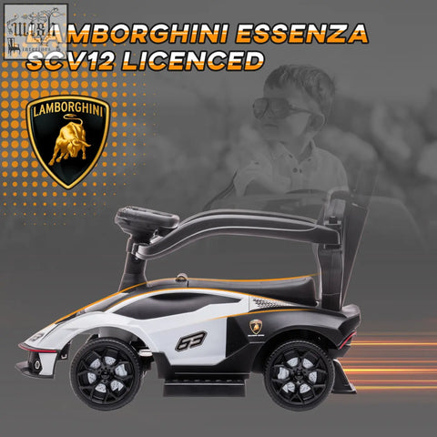 Black and white aiyaplay licensed lamborghini essenza scv12 kids ride on car with steering wheel gold accents no batteries required