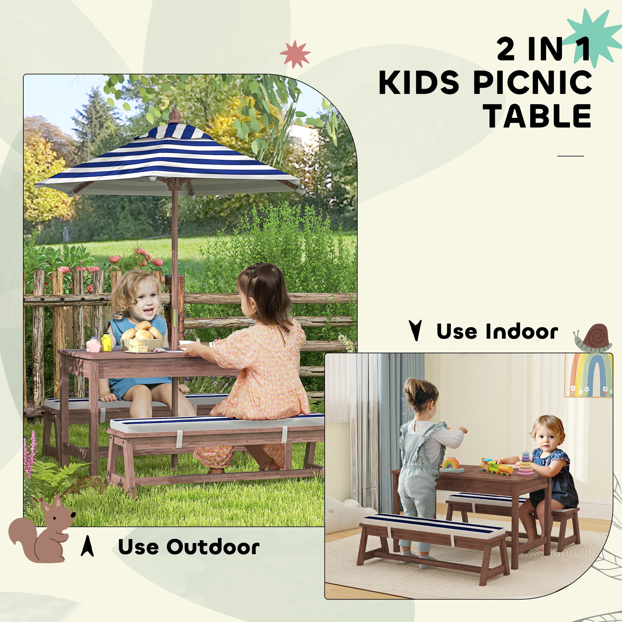 Wooden kids picnic table for four children with navy blue and white striped umbrella canopy made of fir wood