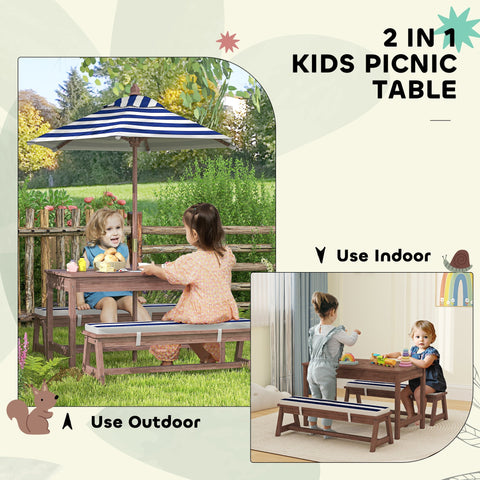 Wooden kids picnic table for four children with navy blue and white striped umbrella canopy made of fir wood