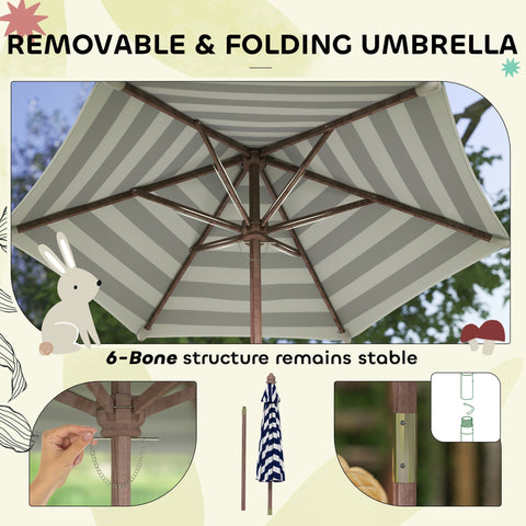 Gray and white striped folding patio umbrella with sturdy 6-bone structure for aiayaplay navy blue fir wood kids picnic set