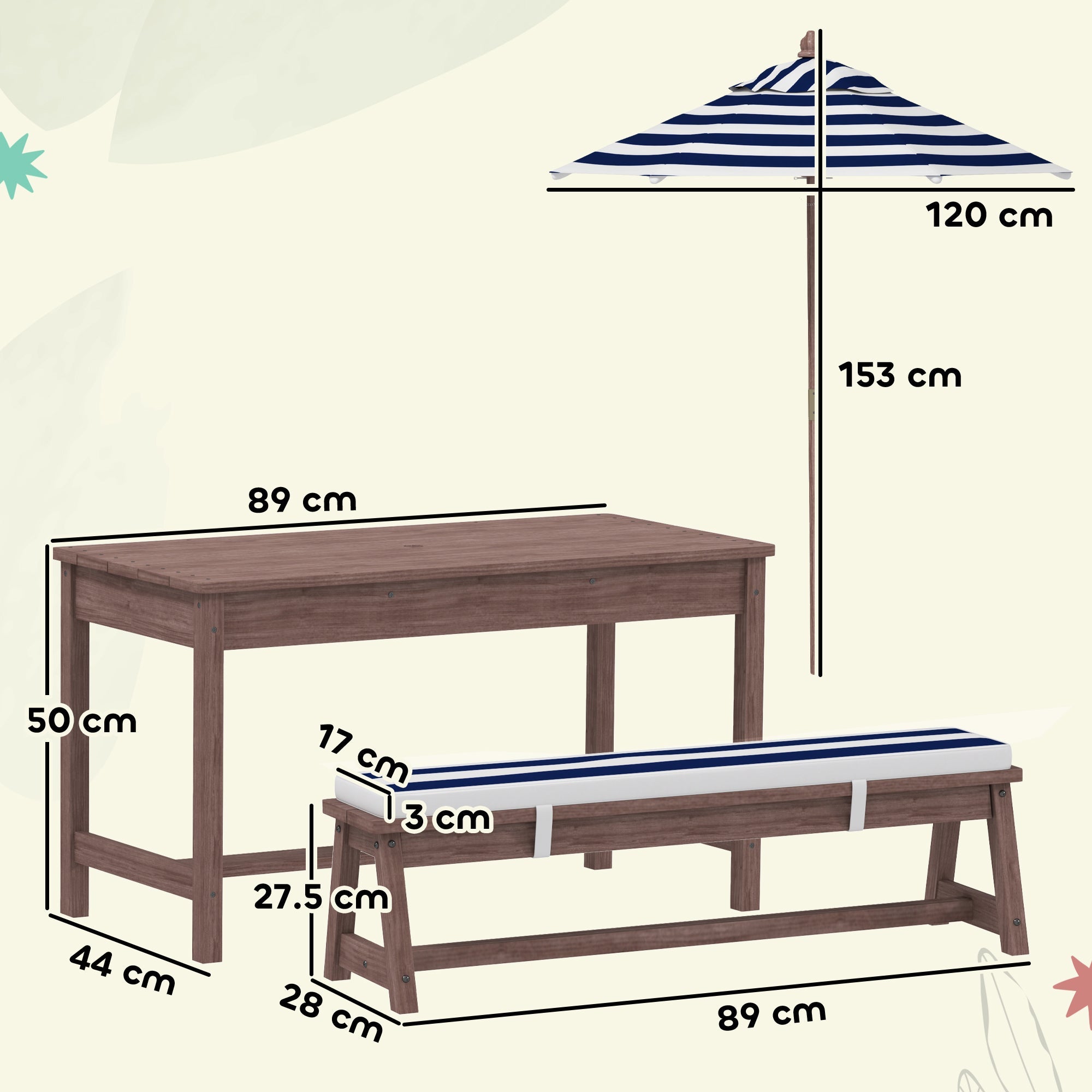 Navy blue and white striped patio umbrella with wooden fir wood pole for aiyaplay kids picnic table set for four children