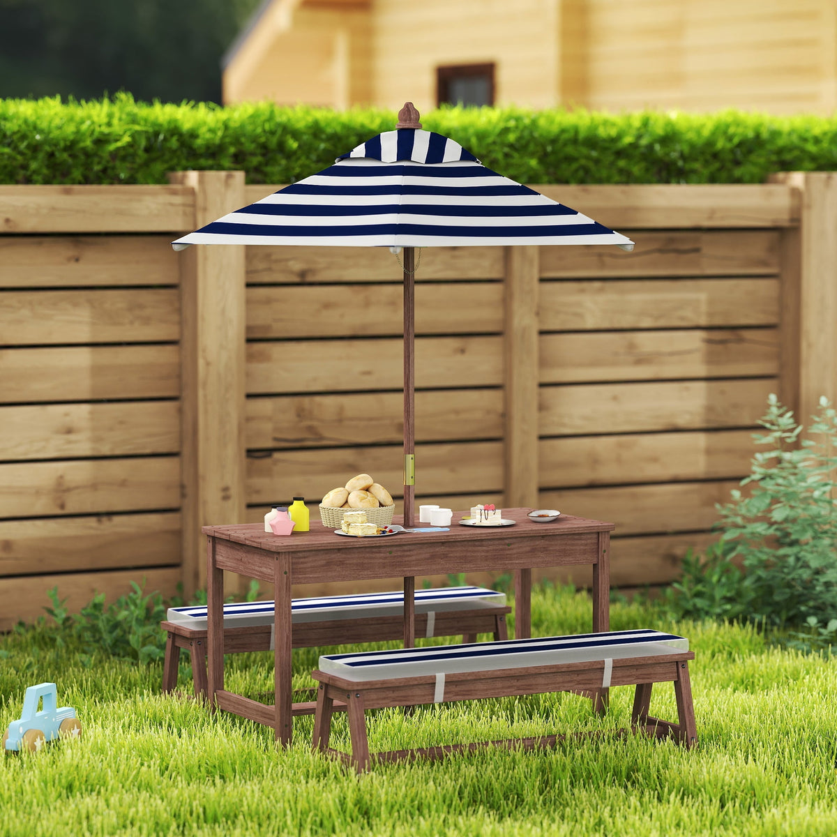 Navy blue and white striped patio umbrella with wooden fir wood pole for aiyaplay kids picnic table set