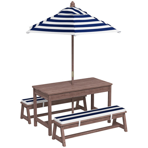 Navy blue aiayplay outdoor wooden kids picnic table set made of fir wood with cushioned benches and striped umbrella for four children