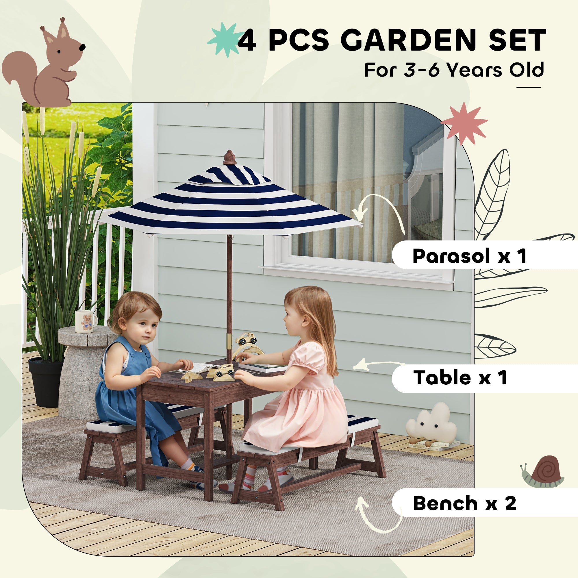 Navy blue striped parasol with wooden handle for aiyaplay outdoor fir wood kids picnic table set for four children